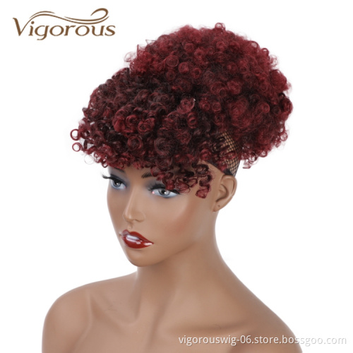 Vigorous High Quality Cheap Price Ombre Burgundy Bang Ponytail Kinky Curly Chignon Fiber For Black Women Synthetic Afro Hair Bun